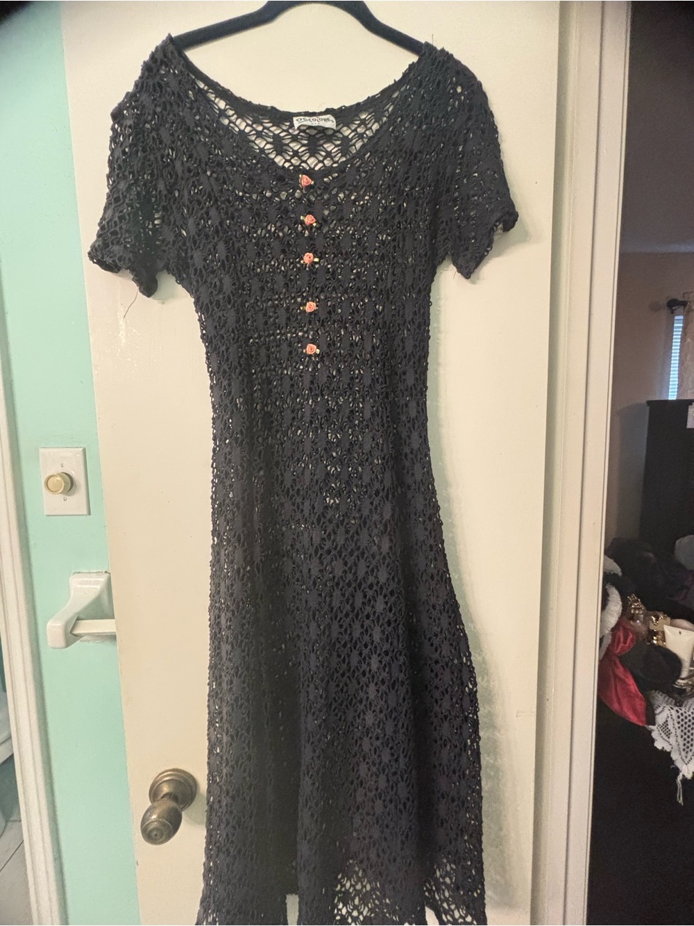 Black Crochet Midi Dress with Button Front